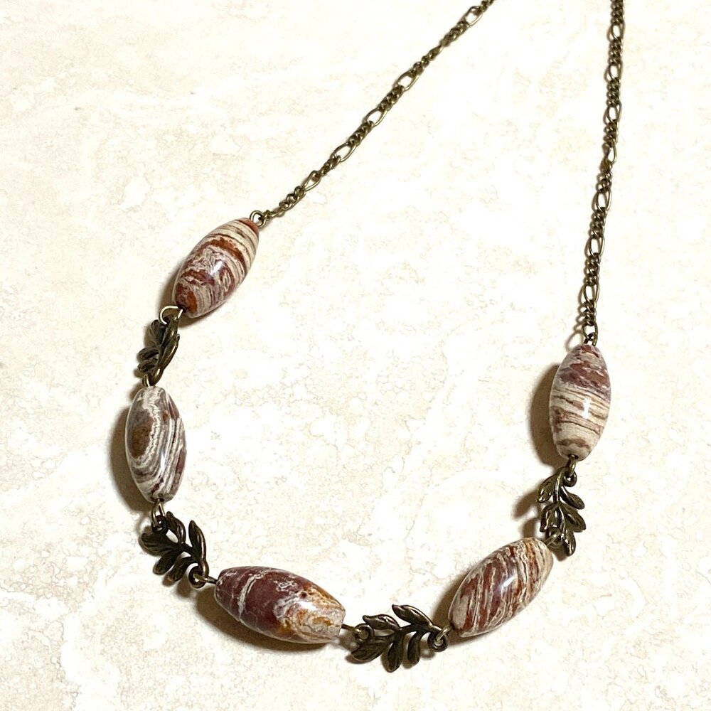 Convoluted Jasper w/ Leaf Branch Necklace, Genuine Gemstones & Bronze Chain